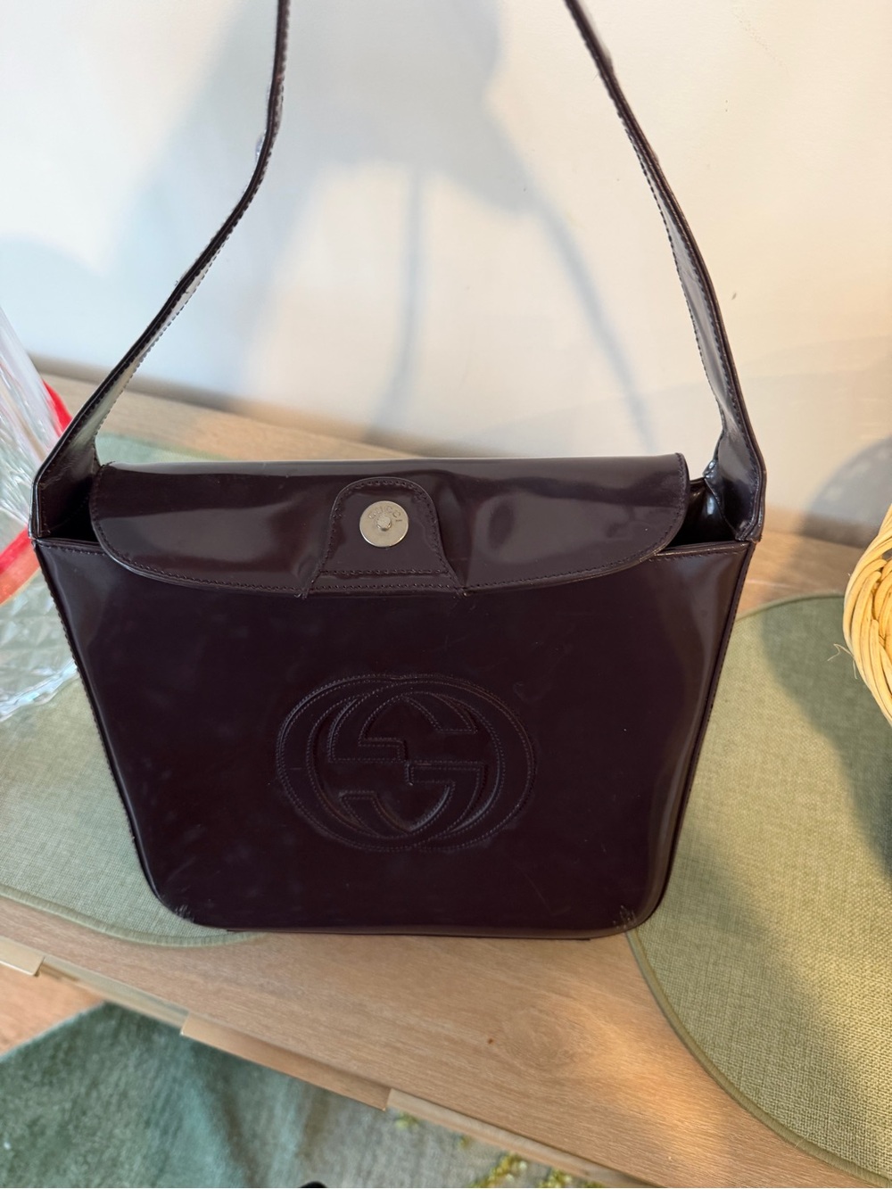 GUCCI Dark Eggplant color Patent Shoulder Bag with Embossed Logo